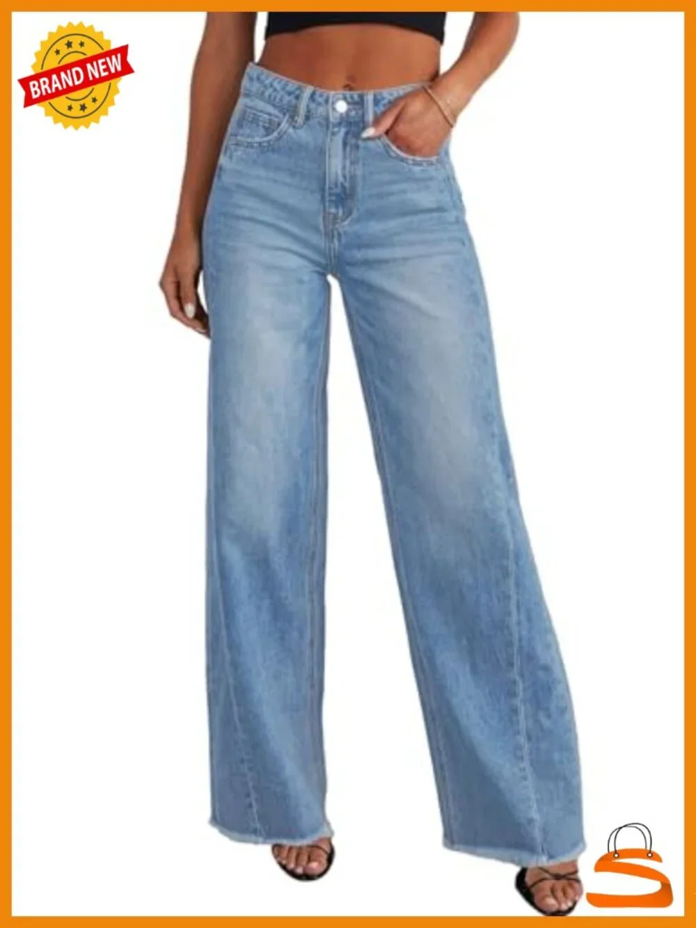 High Waisted Wide Leg Baggy Jeans with Raw Hem Stretchy Denim Palazzo Pants